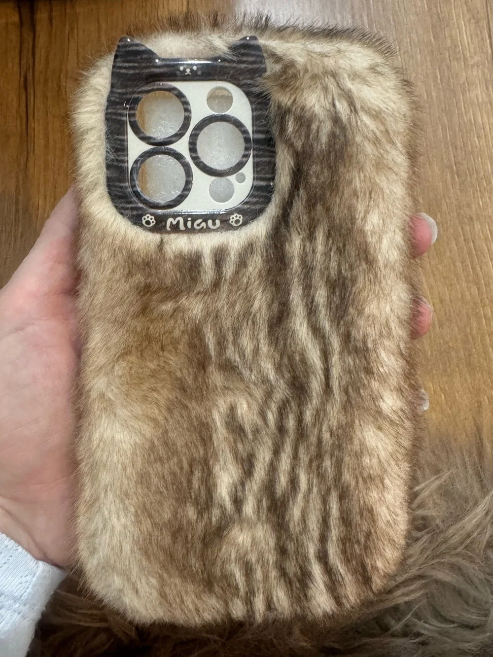 Faux fur  iPhone phone case 15 pro max thick furry cat ears above camera lens